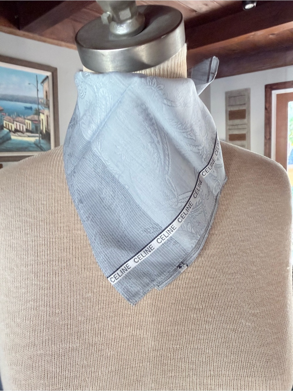 Celine Pale Gray Paisley Logo Neckerchief